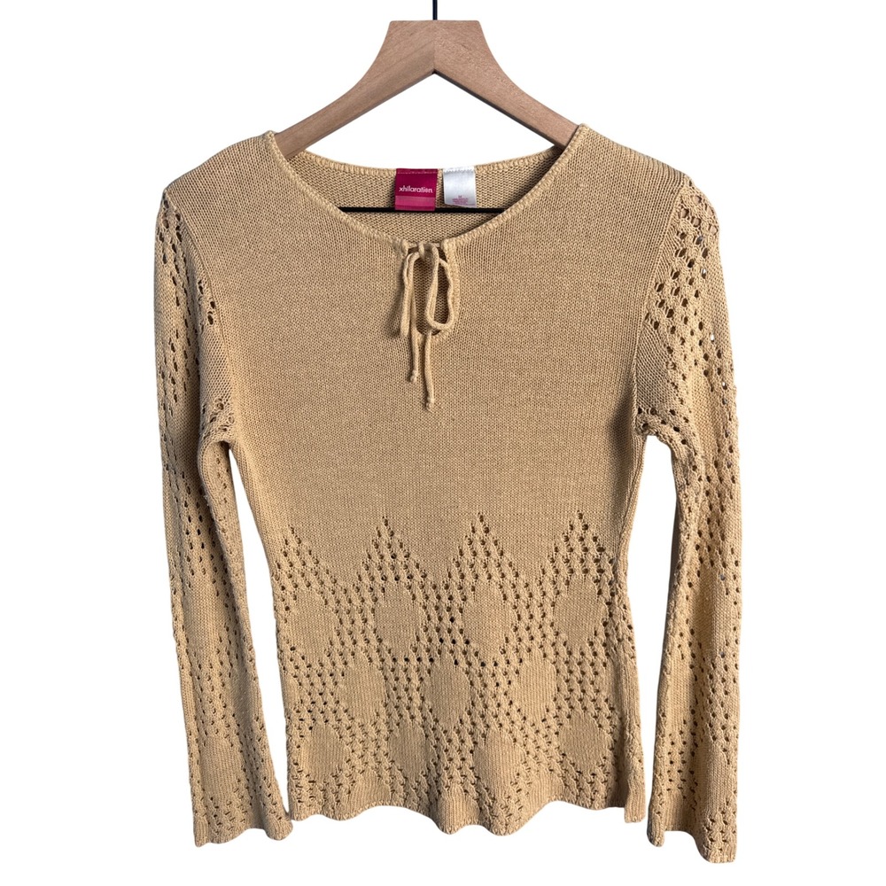 Xhilaration Tan Pointelle Knit Top Crochet Boho Cottagecore Tie Front Vintage M